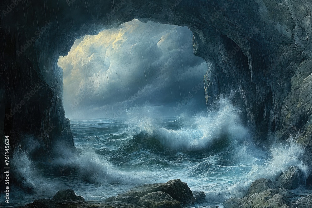 A painting depicting a majestic cave standing tall in the middle of the ocean, amidst crashing waves, A sea storm viewed from the safety of a cave, AI Generated - obrazy, fototapety, plakaty 