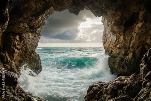A stunning view of the expansive ocean, visible through the opening of a cave nestled along the coastline, A sea storm viewed from the safety of a cave, AI Generated © Iftikhar alam