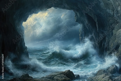 A painting depicting a majestic cave standing tall in the middle of the ocean, amidst crashing waves, A sea storm viewed from the safety of a cave, AI Generated