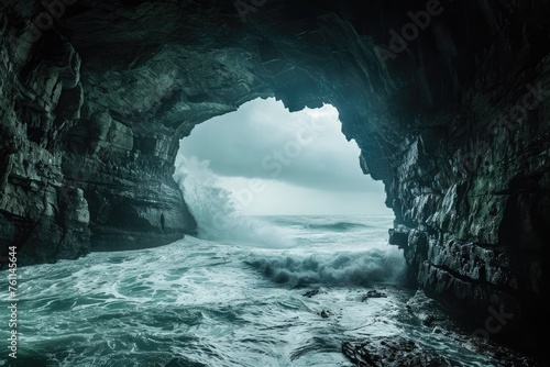 An awe-inspiring photo of a grand ocean cave with powerful waves forcefully erupting from its depths, A sea storm viewed from the safety of a cave, AI Generated
