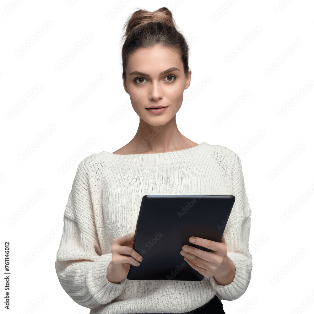 woman in white sweater holding tablet computer woman in white sweater holding tablet computer