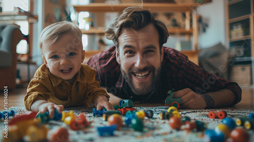 Happy young father lying on the floor in the living room with his child  generative Ai