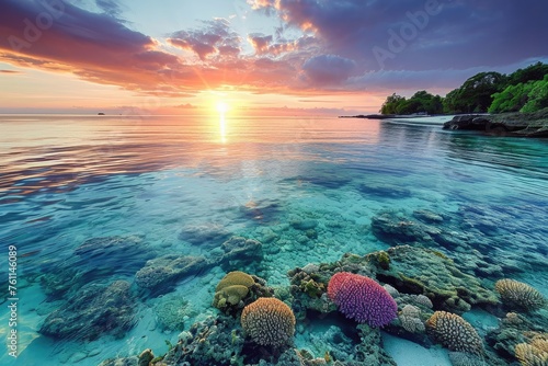 A stunning scene captured as the sun sets over the ocean, illuminating vibrant corals in the water, A serene beach sunset with colorful coral reefs beneath the clear waters, AI Generated