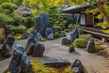 A photo capturing the beauty of a traditional Japanese garden adorned with rocks and lush green grass, A serene Japanese rock garden, AI Generated