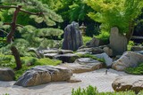 A garden featuring a diverse collection of rocks, trees, and plants, creating a harmonious and natural environment, A serene Japanese rock garden, AI Generated