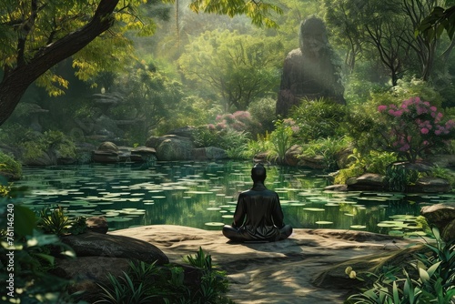 A person dressed in outdoor attire sits on a moss-covered rock  surrounded by tall trees and lush greenery in the middle of a forest  A serene meditation scene amidst lush greenery  AI Generated
