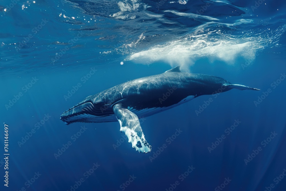 Fototapeta premium Majestic Humpback Whale Swimming in the Ocean, A serene underwater shot of a whale gently coasting through the clear blue ocean, AI Generated