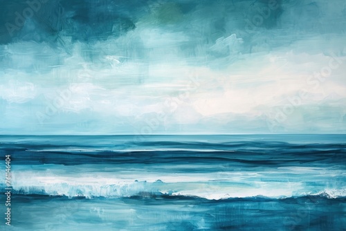 A realistic painting showcasing a vast expanse of ocean, with crashing waves and a distant horizon, A serene seascape with a blend of turquoise and indigo creating a calming effect, AI Generated photo