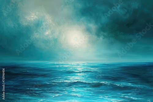 A realistic painting depicting a vast blue ocean under a brooding sky with dark clouds, A serene seascape with a blend of turquoise and indigo creating a calming effect, AI Generated © Iftikhar alam