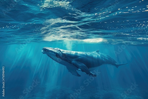 Majestic Humpback Whale Swimming in the Ocean, A serene underwater shot of a whale gently coasting through the clear blue ocean, AI Generated