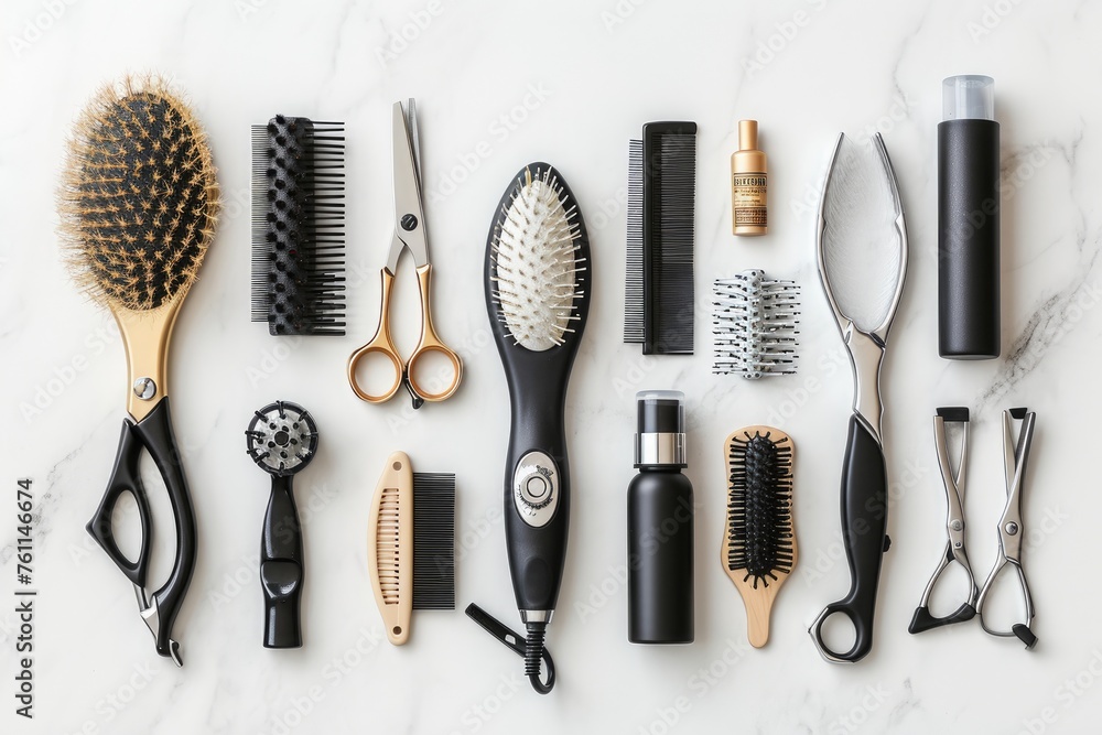 Different types of hair brushes and combs neatly arranged together on a clean surface, A set of professional hairdressing tools arranged neatly, AI Generated - obrazy, fototapety, plakaty 