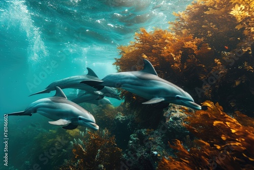 A pod of dolphins swimming together in the open ocean, gracefully leaping and diving amidst the waves, A series of dolphins playfully swimming between the underwater canyons, AI Generated
