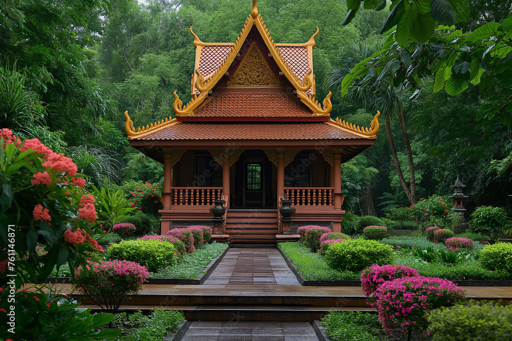 Fototapeta premium A serene and elegant scene with a blend of Thai architectural elements. traditional thai temple
