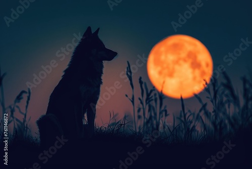 A dog sits in the grass  with a full moon shining brightly in the background  A silhouette of a lone wolf against the moon  AI Generated