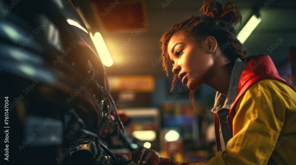 A young black woman, a professional mechanic in uniform, inspecting and repairing a car and tire at an auto repair shop in the evening. Business, Car service, maintenance concepts. A young black woman, a professional mechanic in uniform, inspecting and repairing a car and tire at an auto repair shop in the evening. Business, Car service, maintenance concepts.