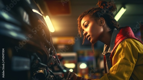 A young black woman, a professional mechanic in uniform, inspecting and repairing a car and tire at an auto repair shop in the evening. Business, Car service, maintenance concepts.
