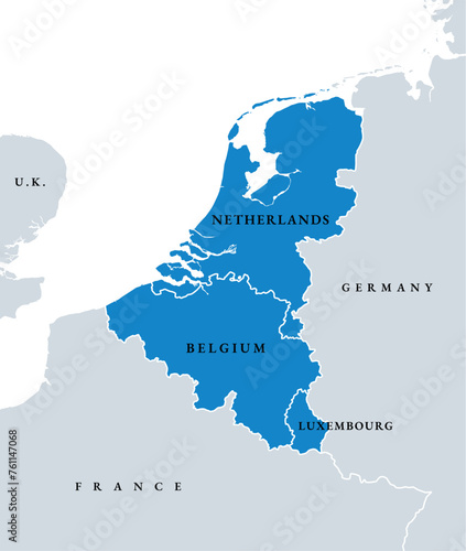 Benelux Union countries, political map. Members of the politico-economic union and formal international intergovernmental cooperation of the European states Belgium, the Netherlands, and Luxembourg.