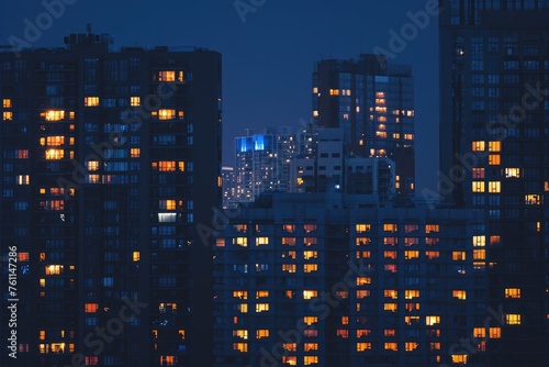 Aerial View of a City at Night From the Roof of a Skyscraper, A skyline at night with only few lit windows, AI Generated