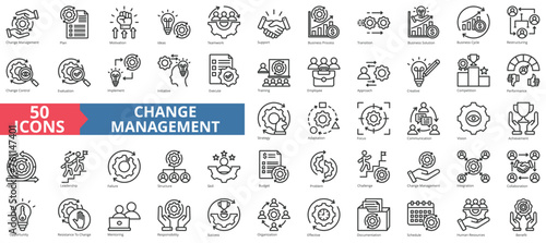 Change management icon collection set. Containing plan ,motivation ,idea, teamwork, support, business process, transition icon. Simple line vector