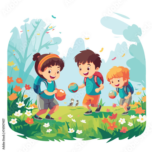 A group of children hunting for Easter eggs in a lu