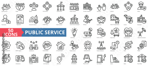 Public service icon collection set. Containing policy, needs, community, government employee, public finance, interest, volunteer icon. Simple line vector