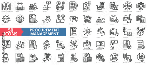 Procurement management icon collection set. Containing supplier, sourcing, purchasing, negotiation, contract, business, purchase order icon. Simple line vector