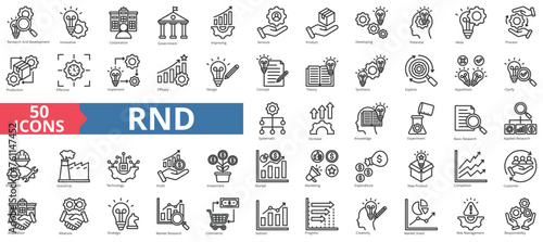 RND icon collection set. Containing research and development, innovative, corporation, government, improving, services, product icon. Simple line vector photo