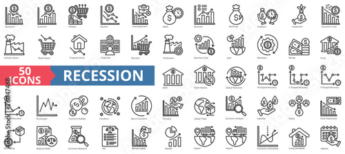 Recession icon collection set. Containing economic, inflation, decline, unemployment, debt, business, bankrupt icon. Simple line vector photo