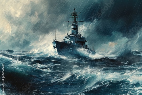 A dramatic depiction of a ship fiercely navigating through turbulent waves during a storm at sea, A small but sturdy naval frigate moving in convoy through rough stormy seas, AI Generated
