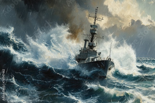 A painting depicting a ship navigating through raging waves and turbulent weather conditions, A small but sturdy naval frigate moving in convoy through rough stormy seas, AI Generated
