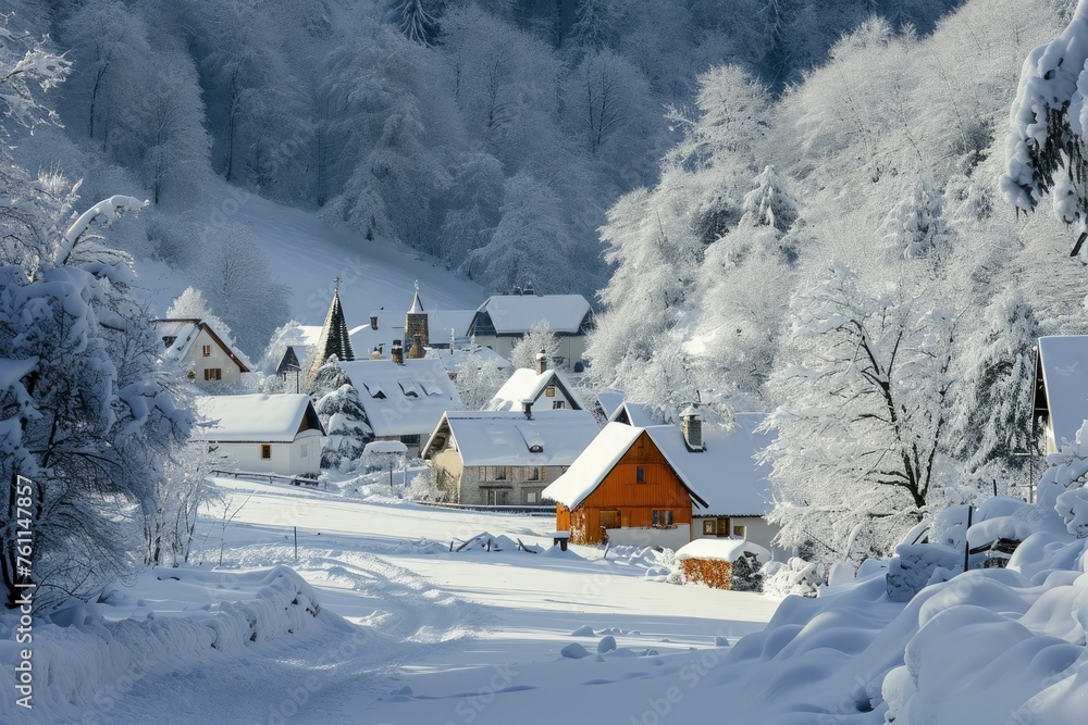 Naklejka premium A snowy landscape featuring houses and trees in the background, A snow-covered small village in the heart of winter, AI Generated