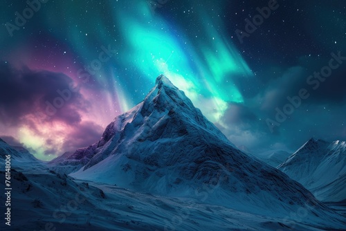 A snow-covered mountain stands beneath a vibrant sky filled with stunning aurora lights, A snowy mountain peak under the kaleidoscope colors of the Northern Lights, AI Generated