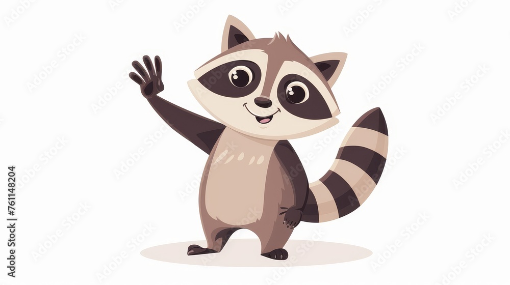 The cute raccoon makes a greeting with its paw, welcoming with a hi-hello gesture. Friendly smiling racoon welcomes with a leap of joy and excitement. Flat modern illustration isolated on white The cute raccoon makes a greeting with its paw, welcoming with a hi-hello gesture. Friendly smiling racoon welcomes with a leap of joy and excitement. Flat modern illustration isolated on white