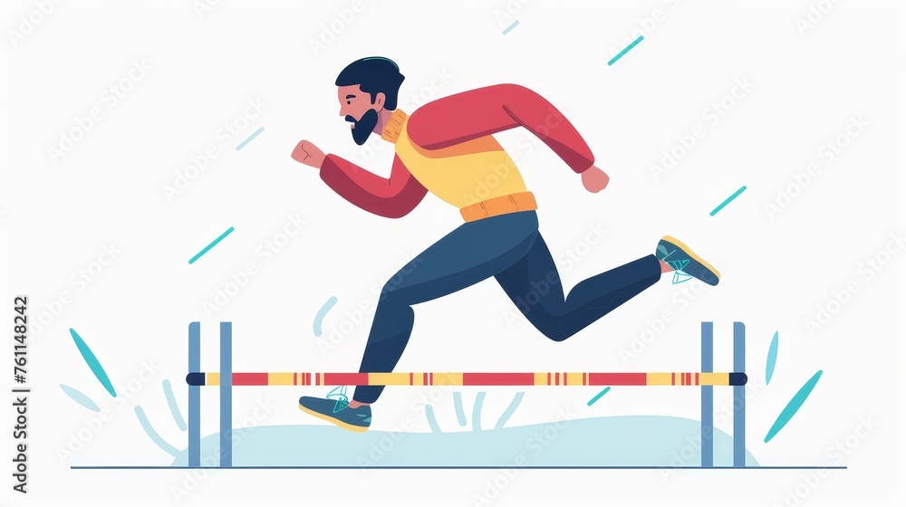 Isolated on white background, flat modern illustration of industrious male character jumping over barrier. Ambitious male character overcoming obstacle, difficulty, problem, life problem, challenge.