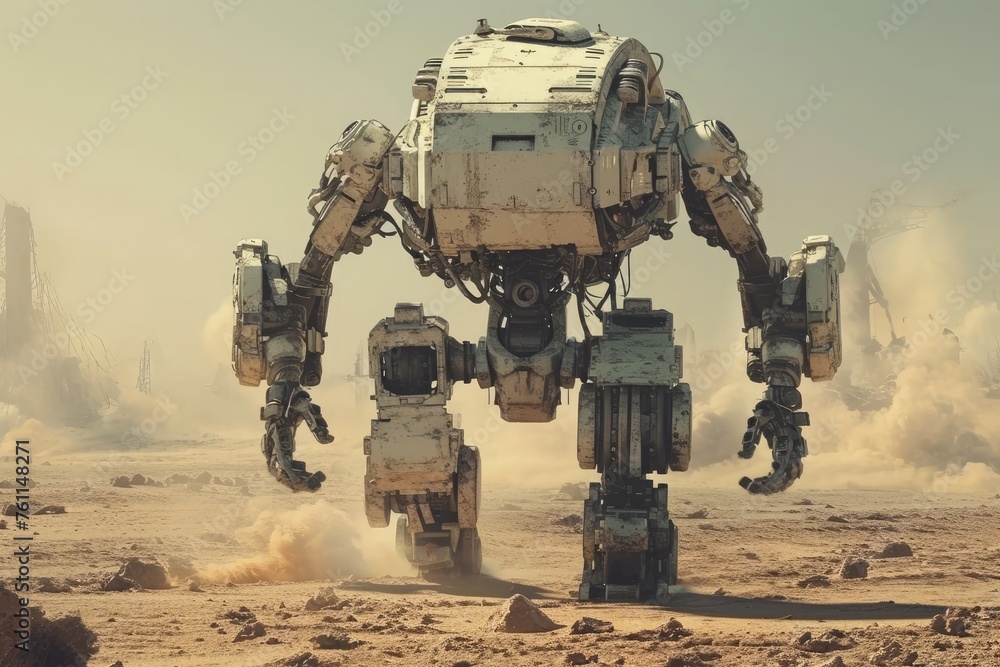 A robotic machine stands alone in the middle of a vast desert, surrounded by sand and under the open sky, A soldier robot in the middle of a warzone, AI Generated A robotic machine stands alone in the middle of a vast desert, surrounded by sand and under the open sky, A soldier robot in the middle of a warzone, AI Generated