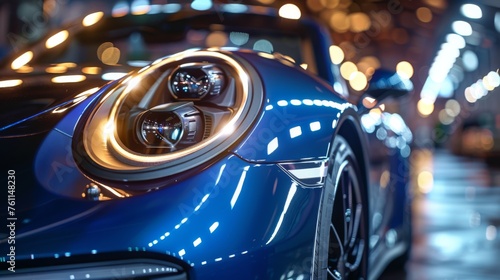 Close-up of of a modern sports car headlight. Front view of a supercar in a night city street. Shiny blue car body with reflection of city lights. Concept of car detailing and paint protection.
