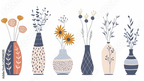 The design of modern flower vases in trendy style made from pottery, ceramics, empty vessels and crockery. They are flat modern illustrations isolated on white.