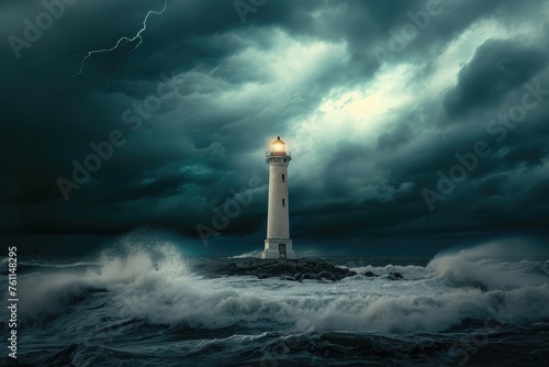 A lighthouse courageously stands amidst crashing waves and dark clouds during a fierce storm at midnight  A solitary lighthouse against a stormy sky  AI Generated