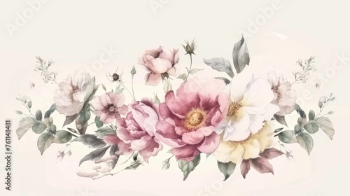 The card features roses, wildflowers, and peonies in watercolor on a white background.