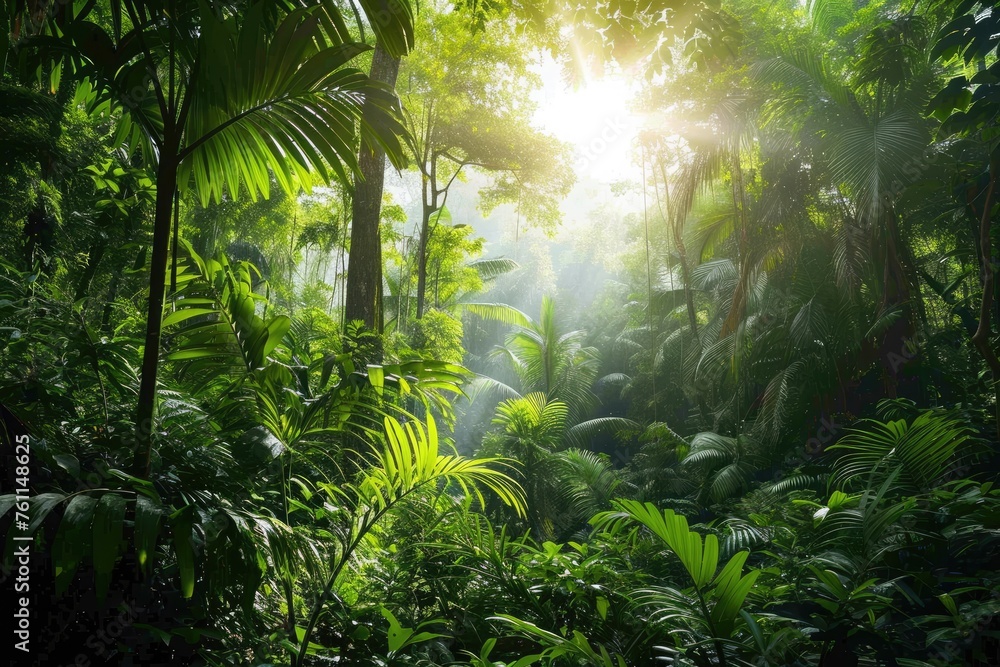 The sun shines through the trees, casting dappled shadows on the lush jungle floor, A spacious tropical rainforest with diverse wildlife, AI Generated