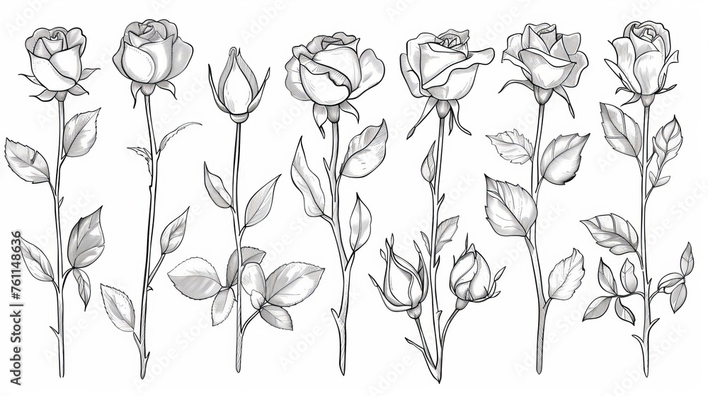 Isolated rose flowers sketch and continuous line drawing on white background. Isolated rose flowers sketch and continuous line drawing on white background.
