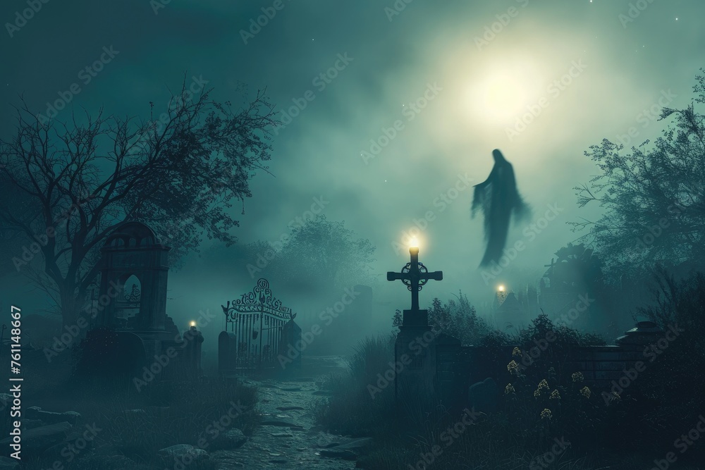 A ghostly figure emerges from the fog in a macabre cemetery setting, A spectral figure floating over a misty graveyard at midnight, AI Generated - obrazy, fototapety, plakaty 