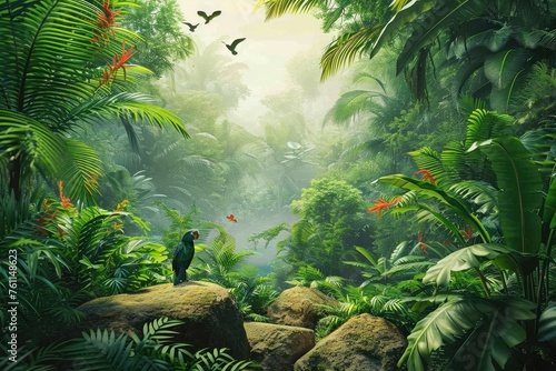 A detailed painting of a lively jungle scene  featuring various species of colorful birds and lush plants  A spacious tropical rainforest with diverse wildlife  AI Generated