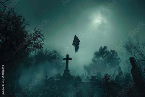 A eerie cemetery filled with tombstones and an ominous crow soaring through the sky, A spectral figure floating over a misty graveyard at midnight, AI Generated