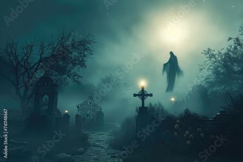 A ghostly figure emerges from the fog in a macabre cemetery setting, A spectral figure floating over a misty graveyard at midnight, AI Generated © Iftikhar alam