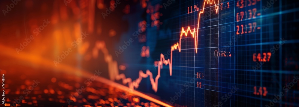 Fototapeta premium Charts showing the uptrend, background material for financial newspapers, charts of the financial stock market with trend lines, charts in blue, orange and red lines and arrows,
