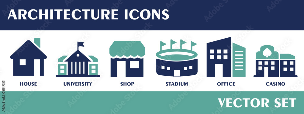 Architecture icons. Containing house, university, shop, stadium, office, casino. Solid icon collection. Vector set. 