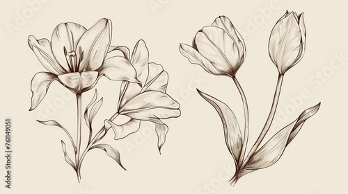 An illustration of floral pattern for design. Design of natural flowers with floral patterns. Graphic, sketch drawing. Lily, tulip. #761149051