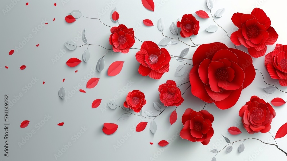 The Web Wanner with red paper flowers is used in magazines, online, and store leaflets for spring sales. Modern illustration of realistic flowers. The Web Wanner with red paper flowers is used in magazines, online, and store leaflets for spring sales. Modern illustration of realistic flowers.