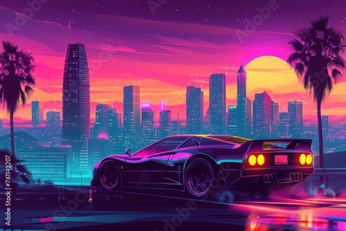 A realistic painting depicting a car parked in front of a vibrant city skyline, A sports car crossing a vibrant cityscape, AI Generated